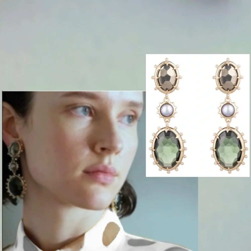 ALEXIS BITTAR • Gold Pearl Green Crystal Multi Stone Clip-on Statement Earrings